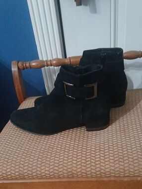 Black Suede Ankle Boots with Buckle Detail